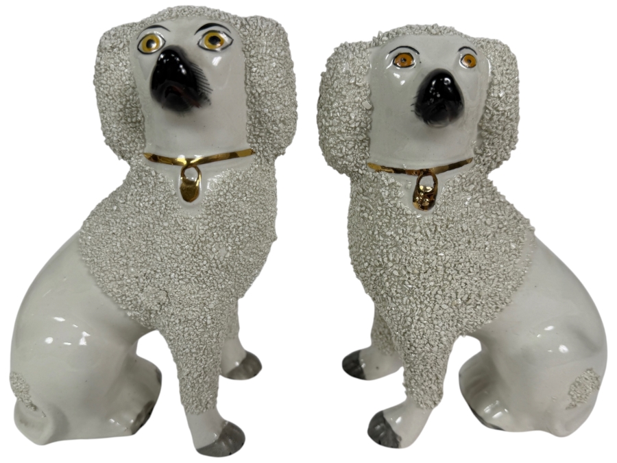 Pair Of Antique Staffordshire Porcelain Confetti Poodle Mantel Dog Figurines With Gilt Collars 7'H