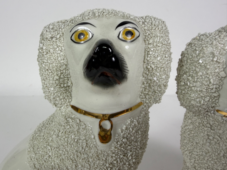 Pair Of Antique Staffordshire Porcelain Confetti Poodle Mantel Dog Figurines With Gilt Collars 7'H [Photo 3]