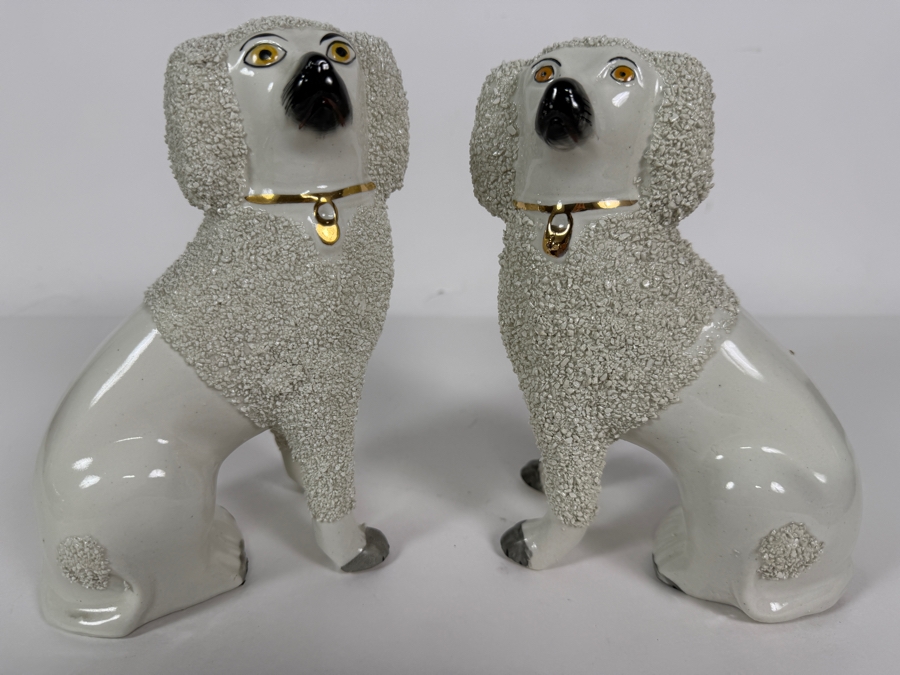 Pair Of Antique Staffordshire Porcelain Confetti Poodle Mantel Dog Figurines With Gilt Collars 7'H [Photo 6]