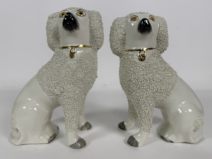 Pair Of Antique Staffordshire Porcelain Confetti Poodle Mantel Dog Figurines With Gilt Collars 7'H [Photo 2]