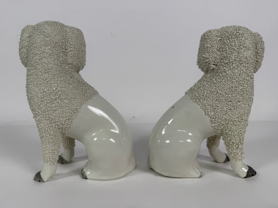 Pair Of Antique Staffordshire Porcelain Confetti Poodle Mantel Dog Figurines With Gilt Collars 7'H [Photo 8]