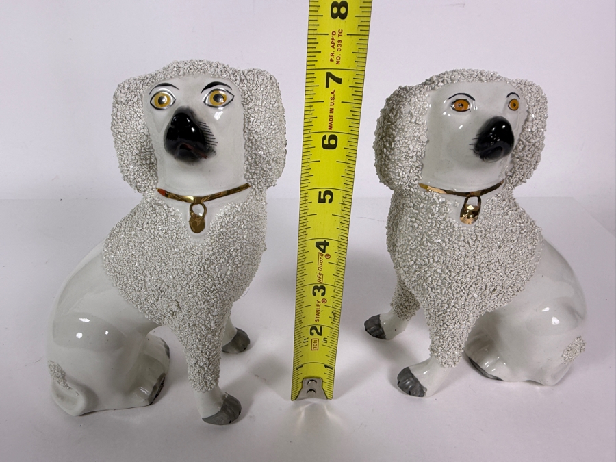 Pair Of Antique Staffordshire Porcelain Confetti Poodle Mantel Dog Figurines With Gilt Collars 7'H [Photo 12]