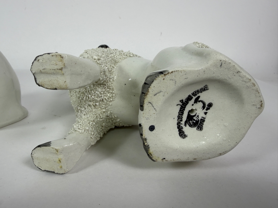 Pair Of Antique Staffordshire Porcelain Confetti Poodle Mantel Dog Figurines With Gilt Collars 7'H [Photo 9]