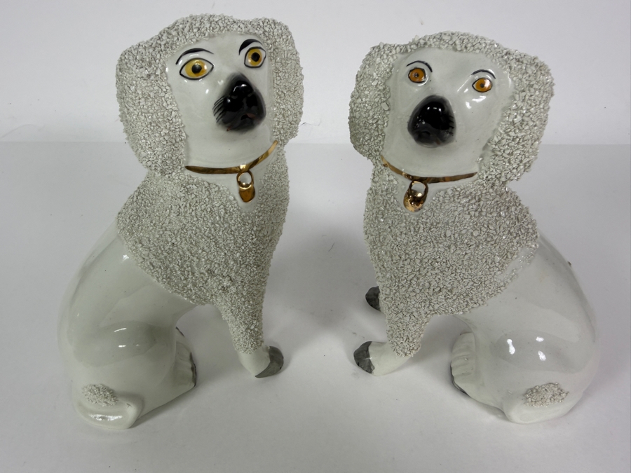 Pair Of Antique Staffordshire Porcelain Confetti Poodle Mantel Dog Figurines With Gilt Collars 7'H [Photo 7]