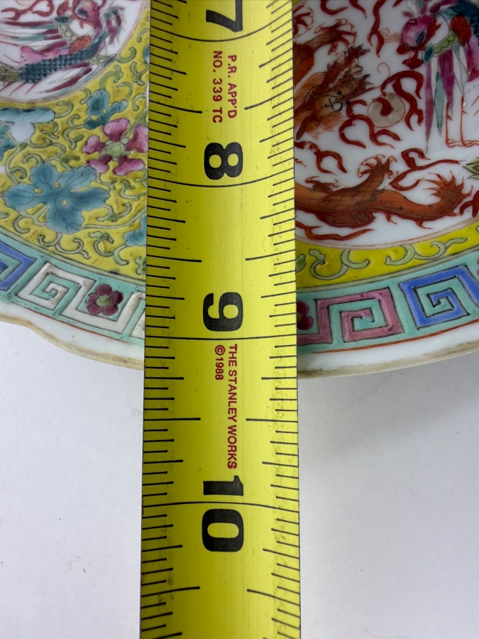 Vintage Chinese Famille Rose Yellow Ground Imperial Dragon Charger Plate Featuring Iron Red Guangxu Mark (Has Several Chips in the Rim) 9.25'W [Photo 12]