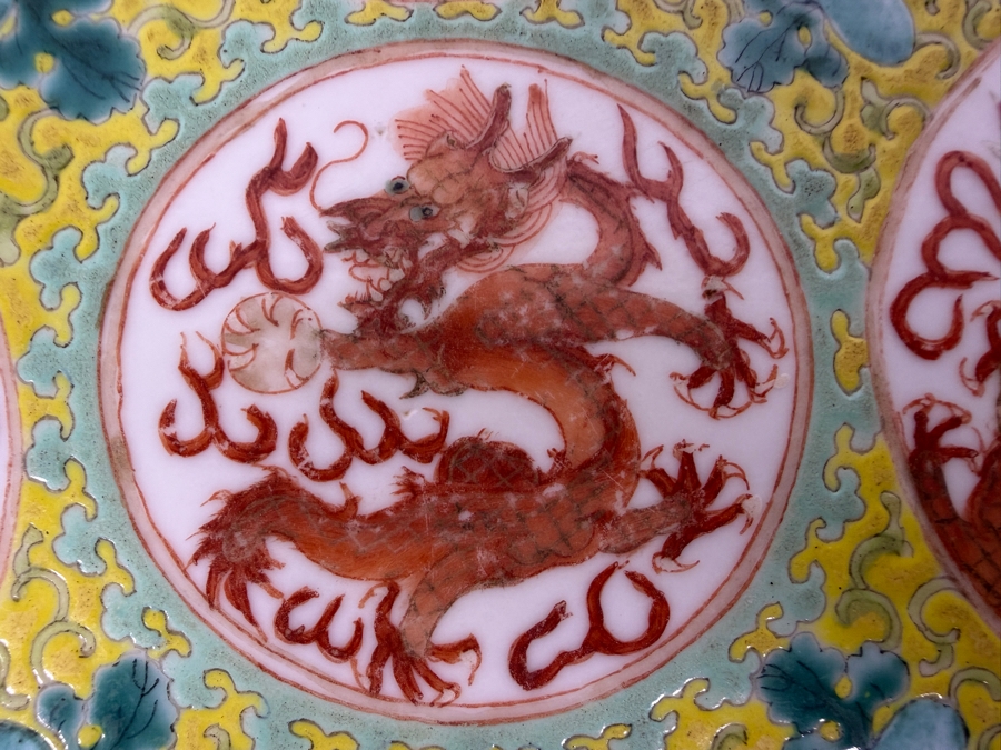 Vintage Chinese Famille Rose Yellow Ground Imperial Dragon Charger Plate Featuring Iron Red Guangxu Mark (Has Several Chips in the Rim) 9.25'W [Photo 2]