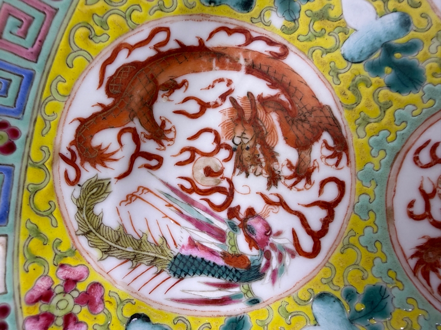 Vintage Chinese Famille Rose Yellow Ground Imperial Dragon Charger Plate Featuring Iron Red Guangxu Mark (Has Several Chips in the Rim) 9.25'W [Photo 5]