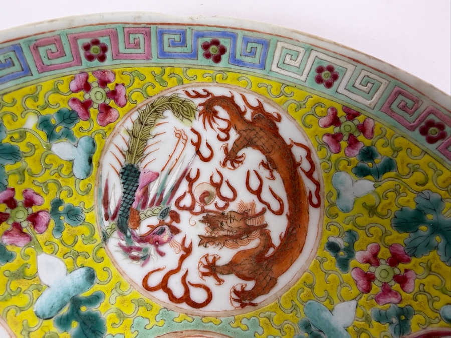 Vintage Chinese Famille Rose Yellow Ground Imperial Dragon Charger Plate Featuring Iron Red Guangxu Mark (Has Several Chips in the Rim) 9.25'W [Photo 6]