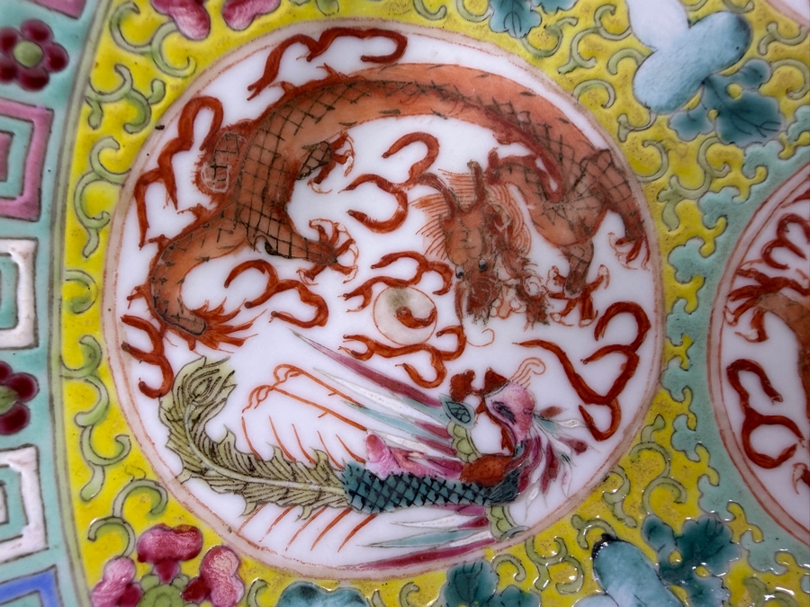 Vintage Chinese Famille Rose Yellow Ground Imperial Dragon Charger Plate Featuring Iron Red Guangxu Mark (Has Several Chips in the Rim) 9.25'W [Photo 3]