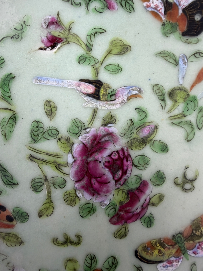 Antique Chinese Famille Rose Celadon Plate Featuring Underglaze Blue Square Shop Mark 9.75'W - See Photos For Condition - Has Several Chips [Photo 2]