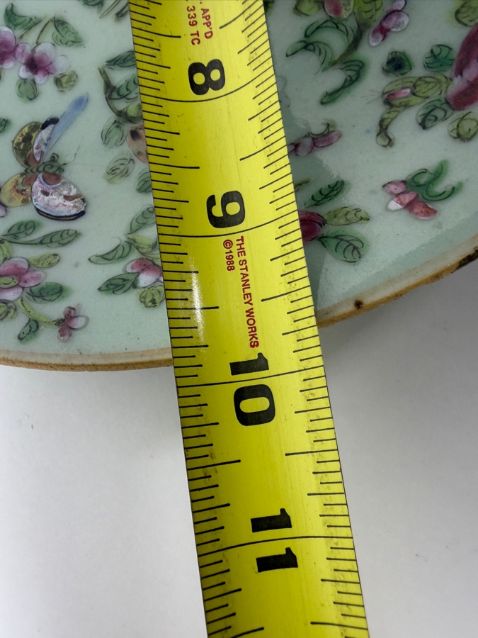 Antique Chinese Famille Rose Celadon Plate Featuring Underglaze Blue Square Shop Mark 9.75'W - See Photos For Condition - Has Several Chips [Photo 15]