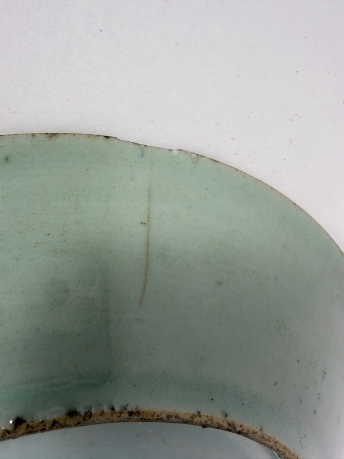 Antique Chinese Famille Rose Celadon Plate Featuring Underglaze Blue Square Shop Mark 9.75'W - See Photos For Condition - Has Several Chips [Photo 7]