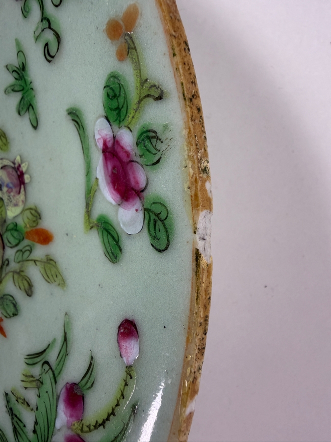 Antique Chinese Famille Rose Celadon Plate Featuring Underglaze Blue Square Shop Mark 9.75'W - See Photos For Condition - Has Several Chips [Photo 4]