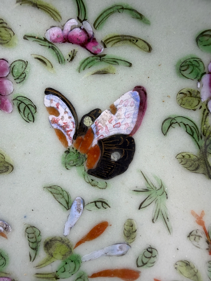 Antique Chinese Famille Rose Celadon Plate Featuring Underglaze Blue Square Shop Mark 9.75'W - See Photos For Condition - Has Several Chips [Photo 3]