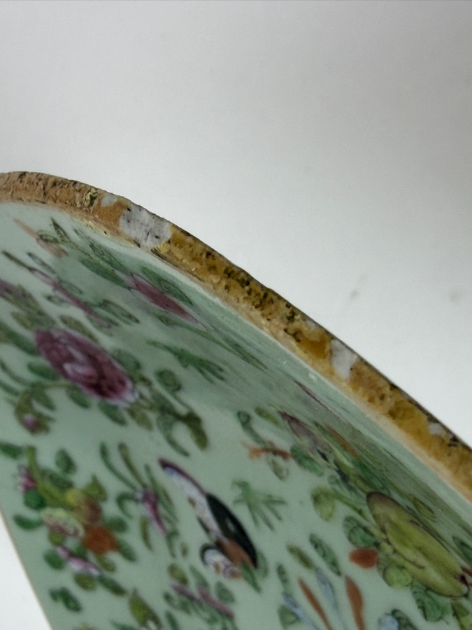 Antique Chinese Famille Rose Celadon Plate Featuring Underglaze Blue Square Shop Mark 9.75'W - See Photos For Condition - Has Several Chips [Photo 13]
