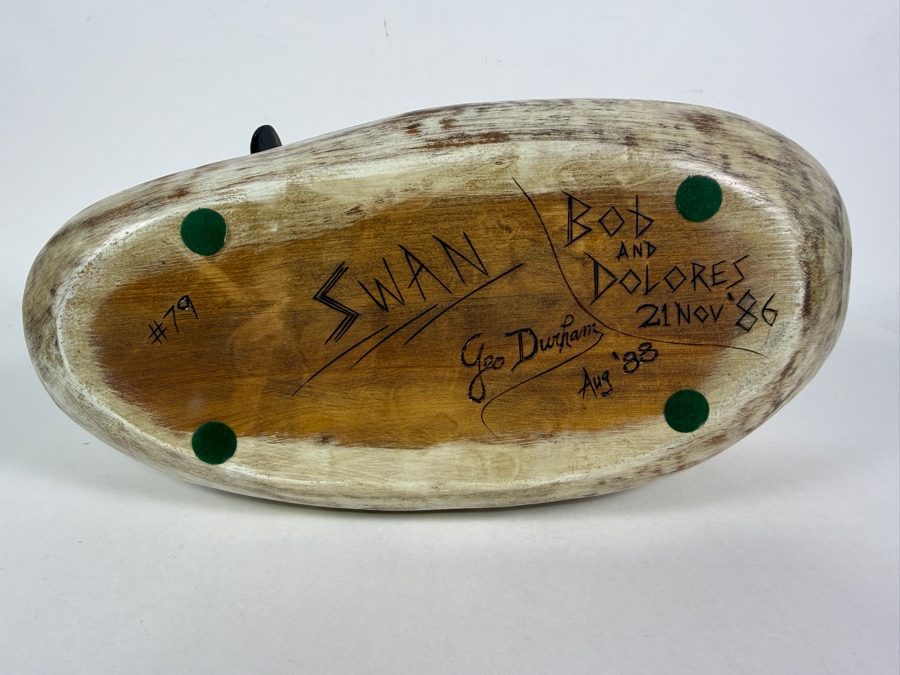 Vintage Geo Durham Hand Carved Wooden Swan Decoy Inscribed Presentation Piece 14'W [Photo 6]