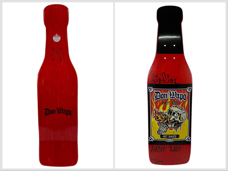 Andy Roy X Don Wapo Limited Edition 62/200 Signed Hot Sauce Shaped Skateboard Deck 32'L