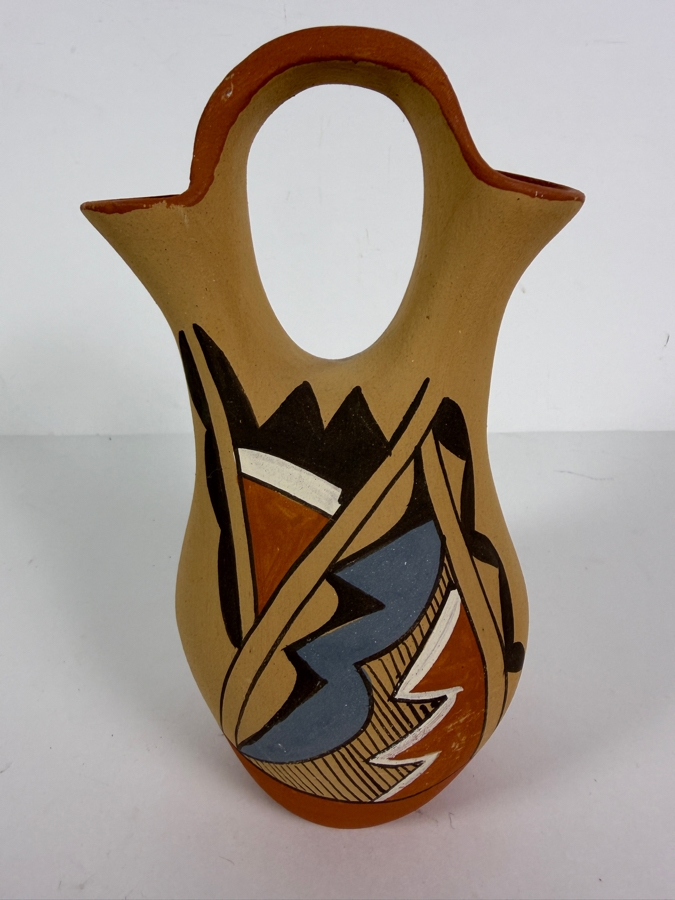Vintage Chinana Jemez Pueblo Hand Painted Polychrome Pottery Wedding Vase Base Inscription 9'H [Photo 3]