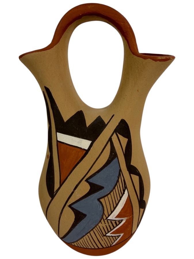 Vintage Chinana Jemez Pueblo Hand Painted Polychrome Pottery Wedding Vase Base Inscription 9'H