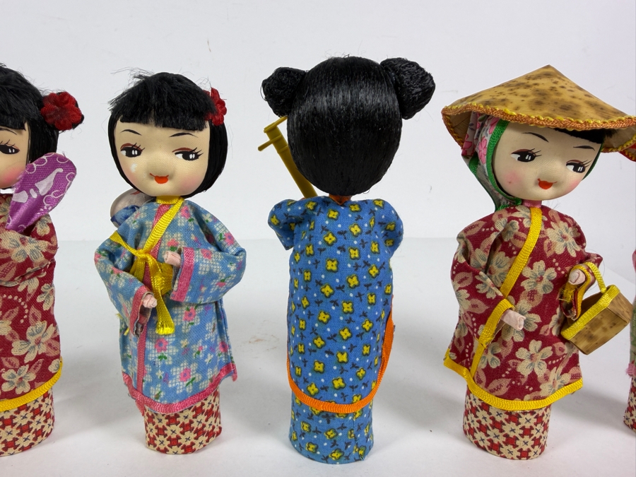 Collection Of Six Vintage Chinese Handcrafted Silk Cylinder Peg Souvenir Dolls 6'H [Photo 5]