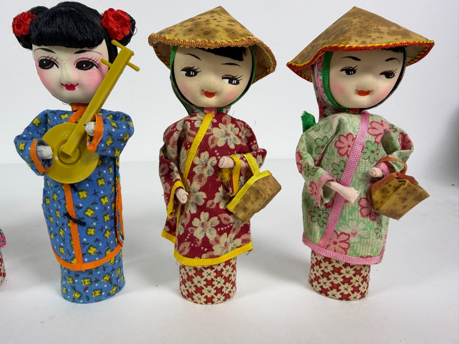 Collection Of Six Vintage Chinese Handcrafted Silk Cylinder Peg Souvenir Dolls 6'H [Photo 3]