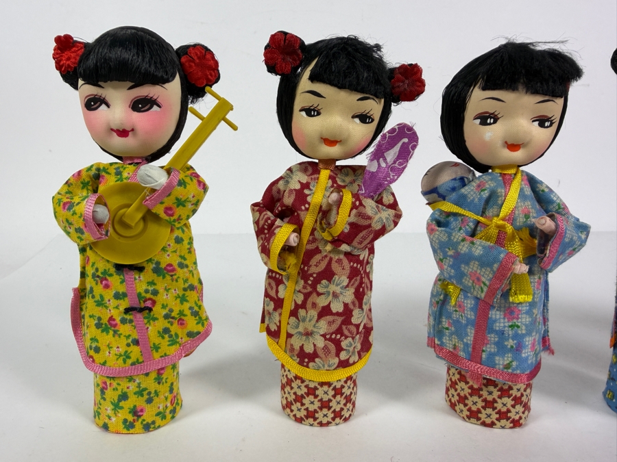 Collection Of Six Vintage Chinese Handcrafted Silk Cylinder Peg Souvenir Dolls 6'H [Photo 4]