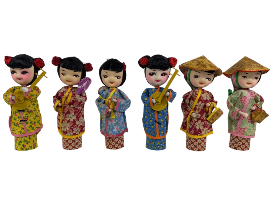 Collection Of Six Vintage Chinese Handcrafted Silk Cylinder Peg Souvenir Dolls 6'H