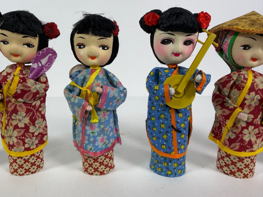 Collection Of Six Vintage Chinese Handcrafted Silk Cylinder Peg Souvenir Dolls 6'H [Photo 2]
