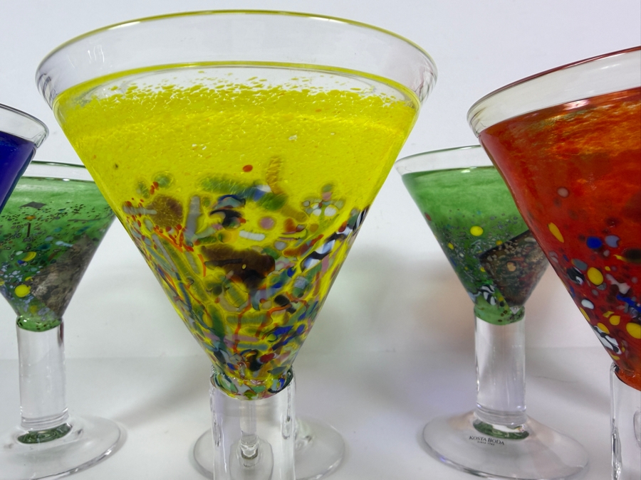 Bertil Vallien For Kosta Boda Satellite Polychrome Art Glass Cocktail Goblets Set Of Six With Inscription 7'H [Photo 3]