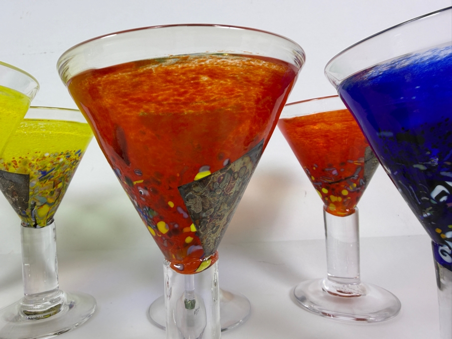Bertil Vallien For Kosta Boda Satellite Polychrome Art Glass Cocktail Goblets Set Of Six With Inscription 7'H [Photo 4]