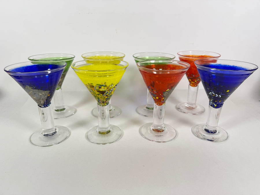 Bertil Vallien For Kosta Boda Satellite Polychrome Art Glass Cocktail Goblets Set Of Six With Inscription 7'H [Photo 2]