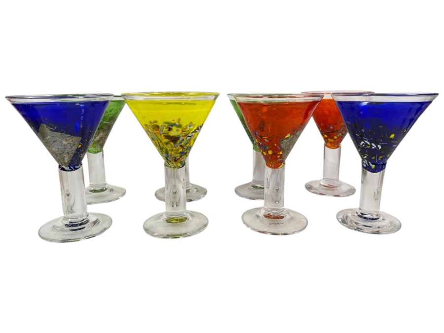 Bertil Vallien For Kosta Boda Satellite Polychrome Art Glass Cocktail Goblets Set Of Six With Inscription 7'H