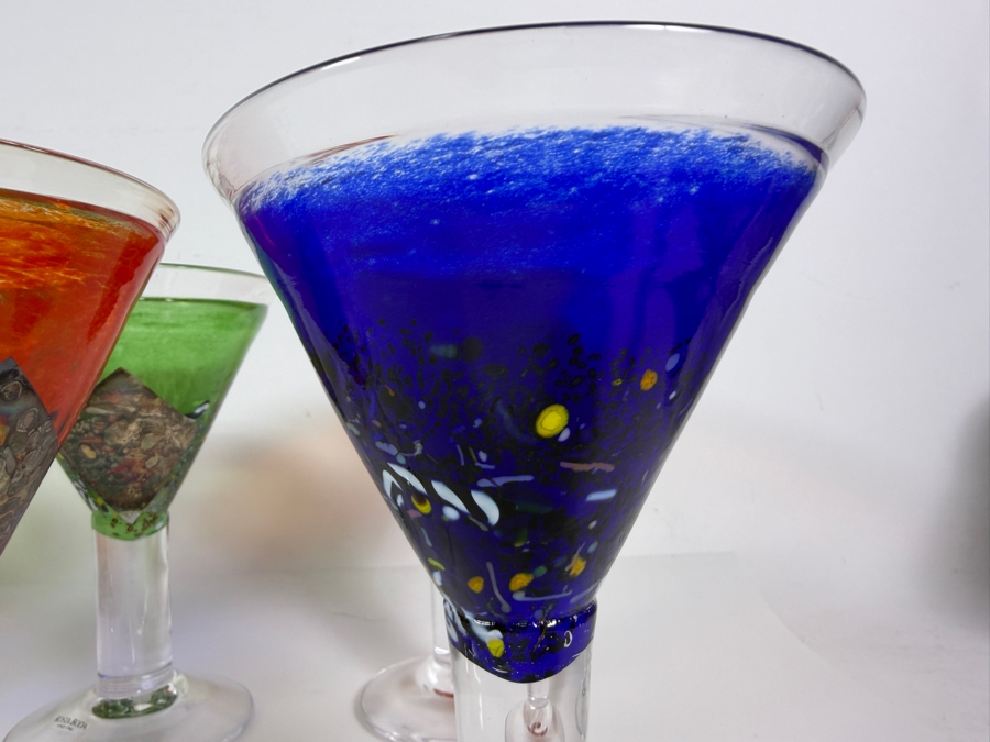 Bertil Vallien For Kosta Boda Satellite Polychrome Art Glass Cocktail Goblets Set Of Six With Inscription 7'H [Photo 7]