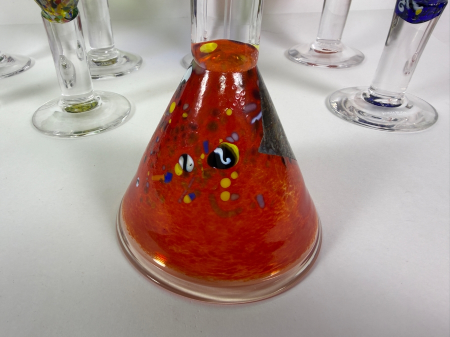 Bertil Vallien For Kosta Boda Satellite Polychrome Art Glass Cocktail Goblets Set Of Six With Inscription 7'H [Photo 10]