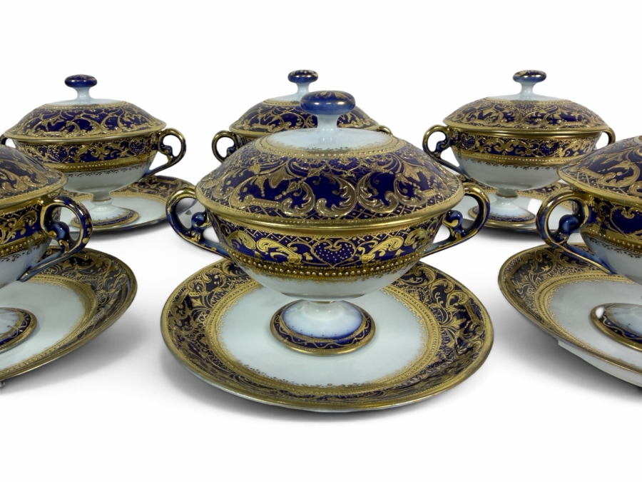 Set of (6) Antique Morimura Brothers Hand Painted Nippon Gold Encrusted Footed Covered Cream Soup Bowls And Matching Saucers 