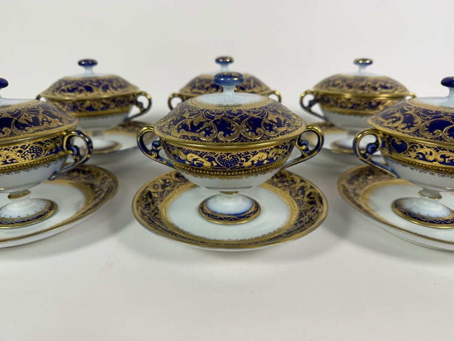 Set of (6) Antique Morimura Brothers Hand Painted Nippon Gold Encrusted Footed Covered Cream Soup Bowls And Matching Saucers  [Photo 4]