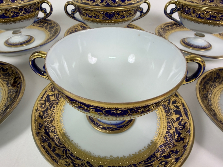 Set of (6) Antique Morimura Brothers Hand Painted Nippon Gold Encrusted Footed Covered Cream Soup Bowls And Matching Saucers  [Photo 8]