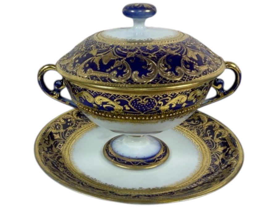 Set of (6) Antique Morimura Brothers Hand Painted Nippon Gold Encrusted Footed Covered Cream Soup Bowls And Matching Saucers  [Photo 2]