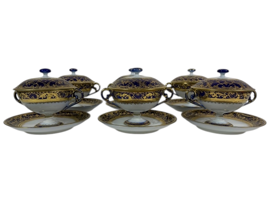 Set of (6) Antique Morimura Brothers Hand Painted Nippon Gold Encrusted Footed Covered Cream Soup Bowls And Matching Saucers  [Photo 11]