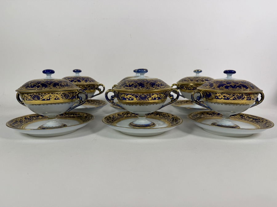 Set of (6) Antique Morimura Brothers Hand Painted Nippon Gold Encrusted Footed Covered Cream Soup Bowls And Matching Saucers  [Photo 3]