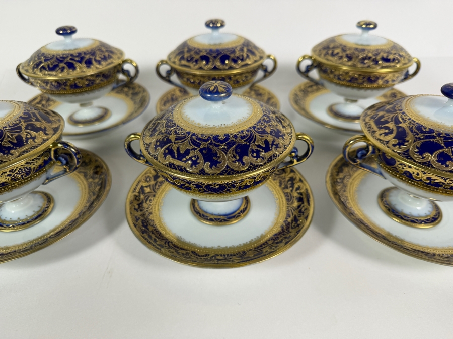 Set of (6) Antique Morimura Brothers Hand Painted Nippon Gold Encrusted Footed Covered Cream Soup Bowls And Matching Saucers  [Photo 7]