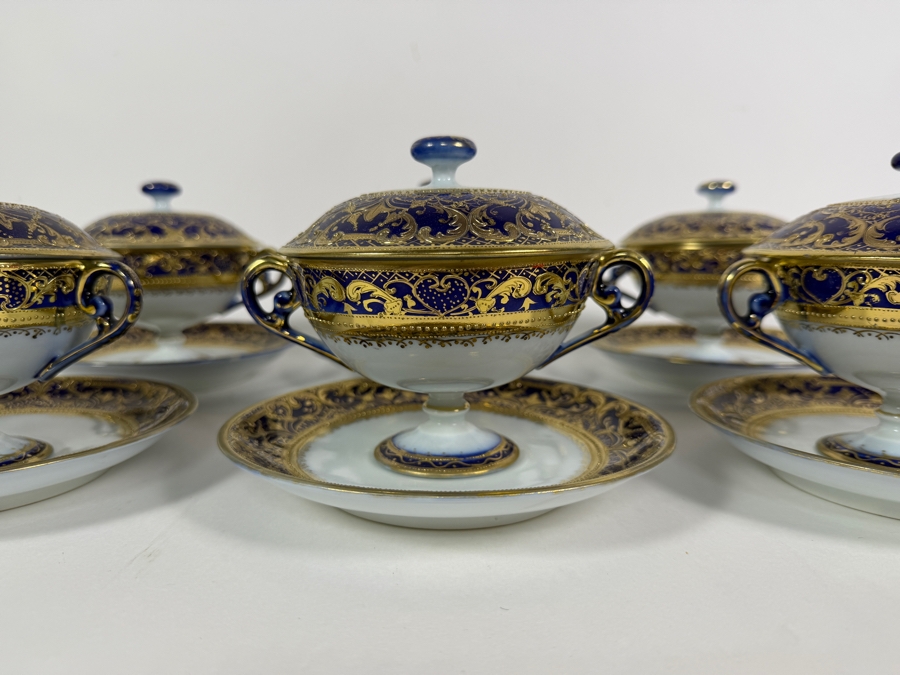 Set of (6) Antique Morimura Brothers Hand Painted Nippon Gold Encrusted Footed Covered Cream Soup Bowls And Matching Saucers  [Photo 5]