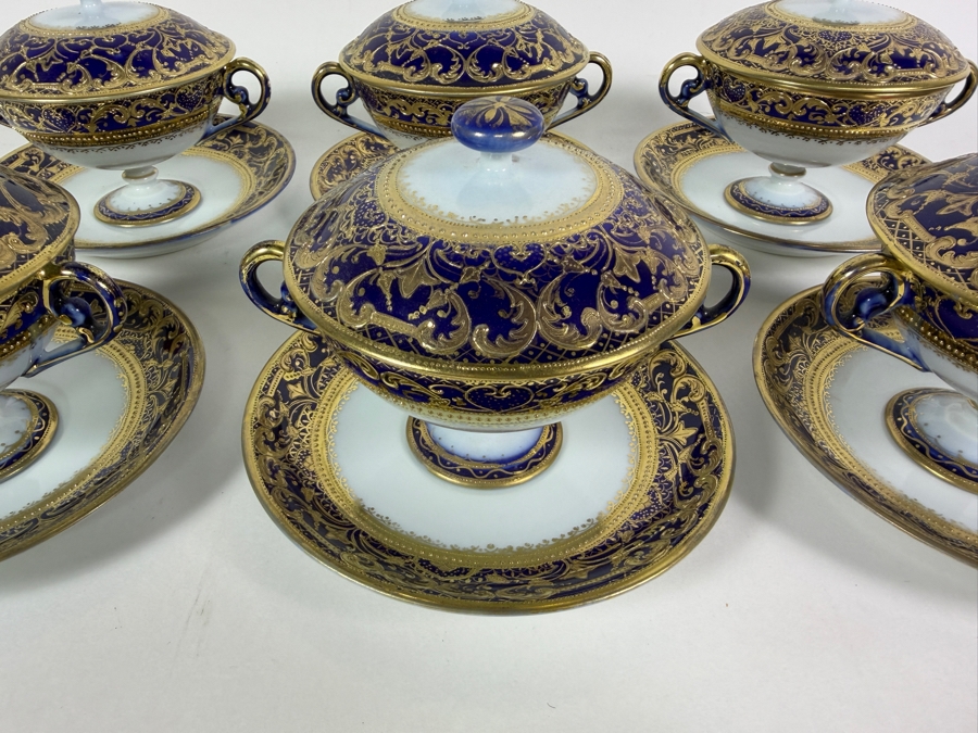 Set of (6) Antique Morimura Brothers Hand Painted Nippon Gold Encrusted Footed Covered Cream Soup Bowls And Matching Saucers  [Photo 6]