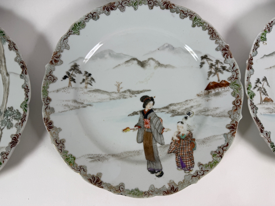 Set Of Six Antique Japanese Arita Kutani Porcelain Scalloped Dessert Plates Hand Painted By Kogokusha 9'W [Photo 11]