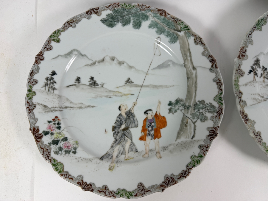 Set Of Six Antique Japanese Arita Kutani Porcelain Scalloped Dessert Plates Hand Painted By Kogokusha 9'W [Photo 13]