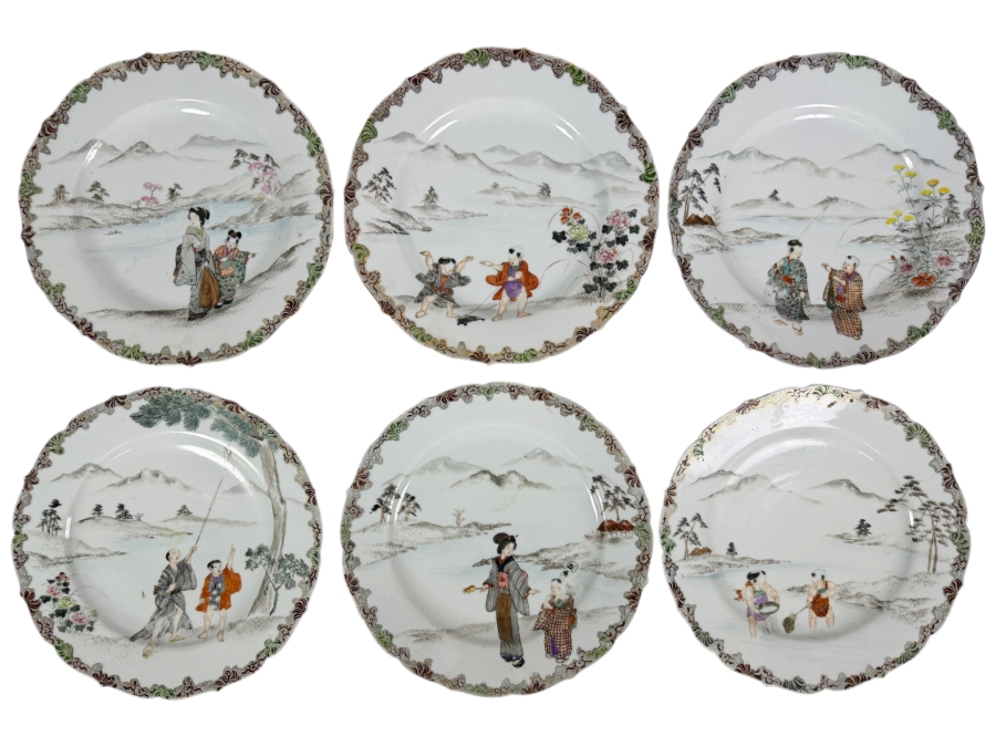 Set Of Six Antique Japanese Arita Kutani Porcelain Scalloped Dessert Plates Hand Painted By Kogokusha 9'W