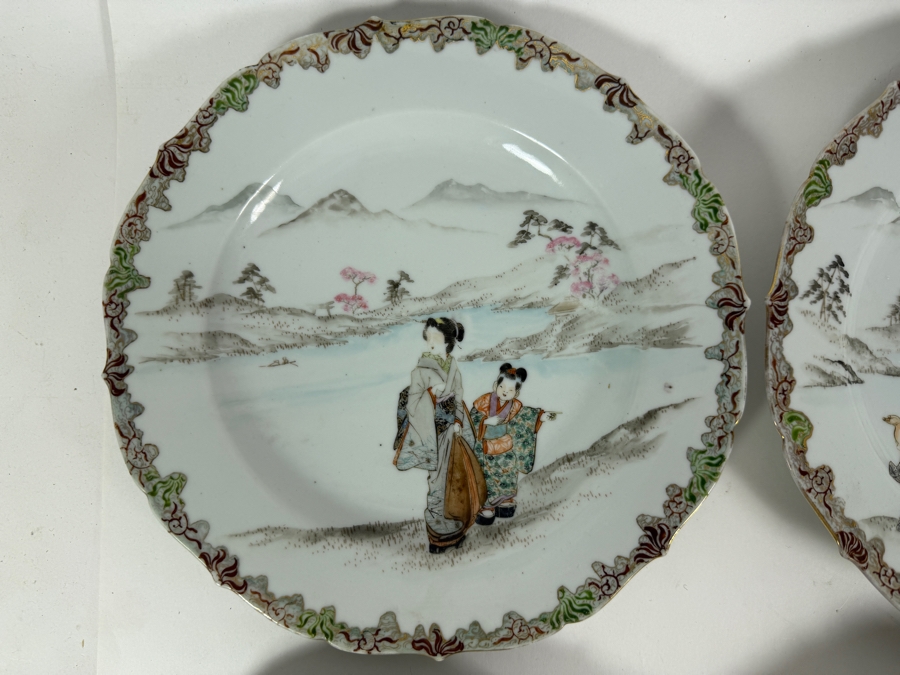 Set Of Six Antique Japanese Arita Kutani Porcelain Scalloped Dessert Plates Hand Painted By Kogokusha 9'W [Photo 5]