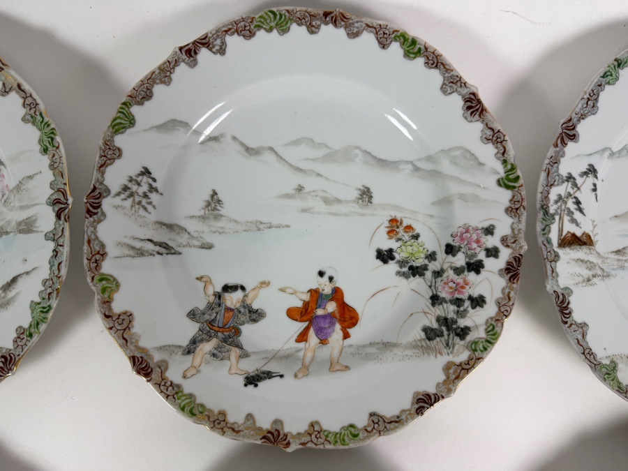 Set Of Six Antique Japanese Arita Kutani Porcelain Scalloped Dessert Plates Hand Painted By Kogokusha 9'W [Photo 2]