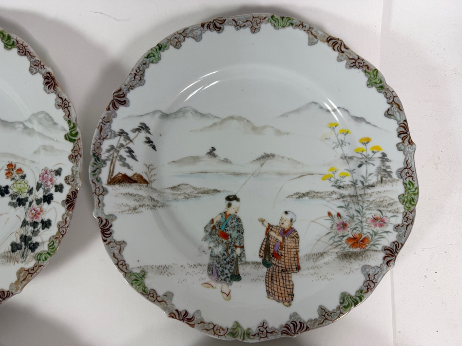Set Of Six Antique Japanese Arita Kutani Porcelain Scalloped Dessert Plates Hand Painted By Kogokusha 9'W [Photo 7]