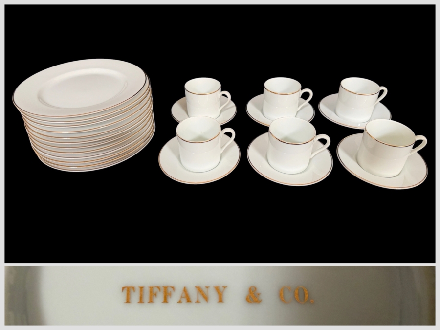 Tiffany & Co. Gold Band Contemporary Bone China Six Person Demitasse Espresso Service Collection